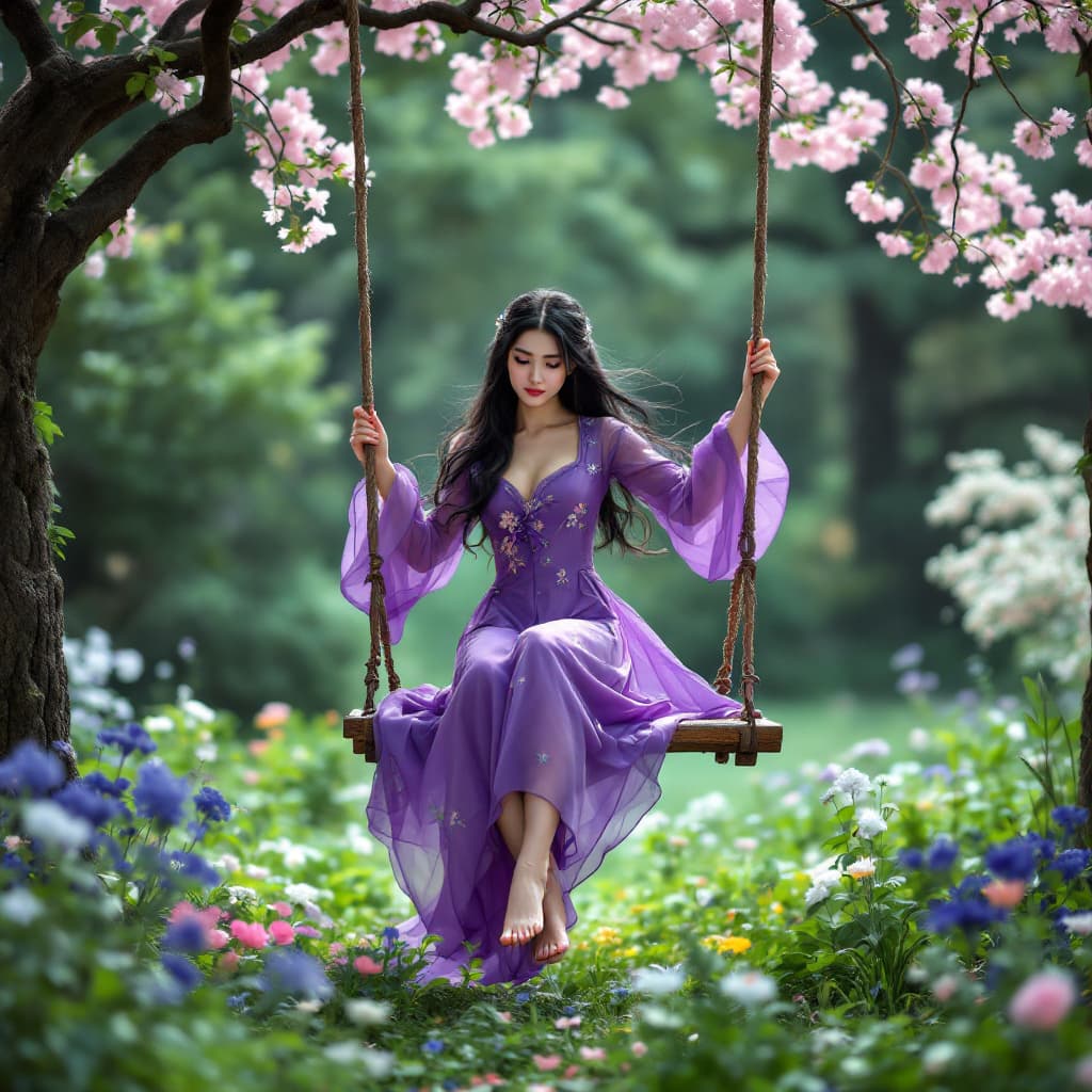 AI generated: Full body view of a woman, with her long black hair, is swinging on a swing in the middle of a garde...