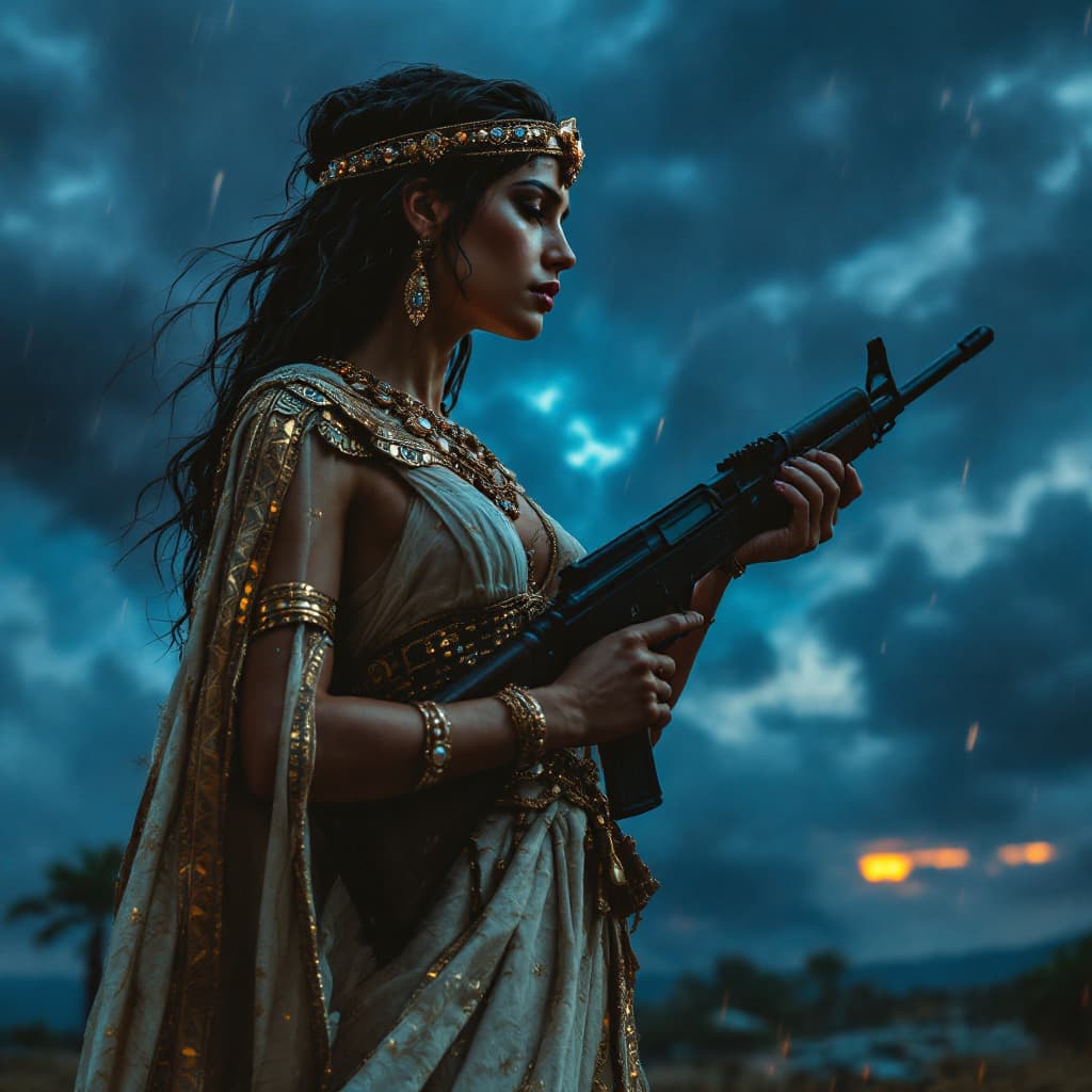 AI generated: Le ciel et bleue sous une tempête de pluie, des éclairs ,  une femme romaine majestueuse vêtu d’une ...