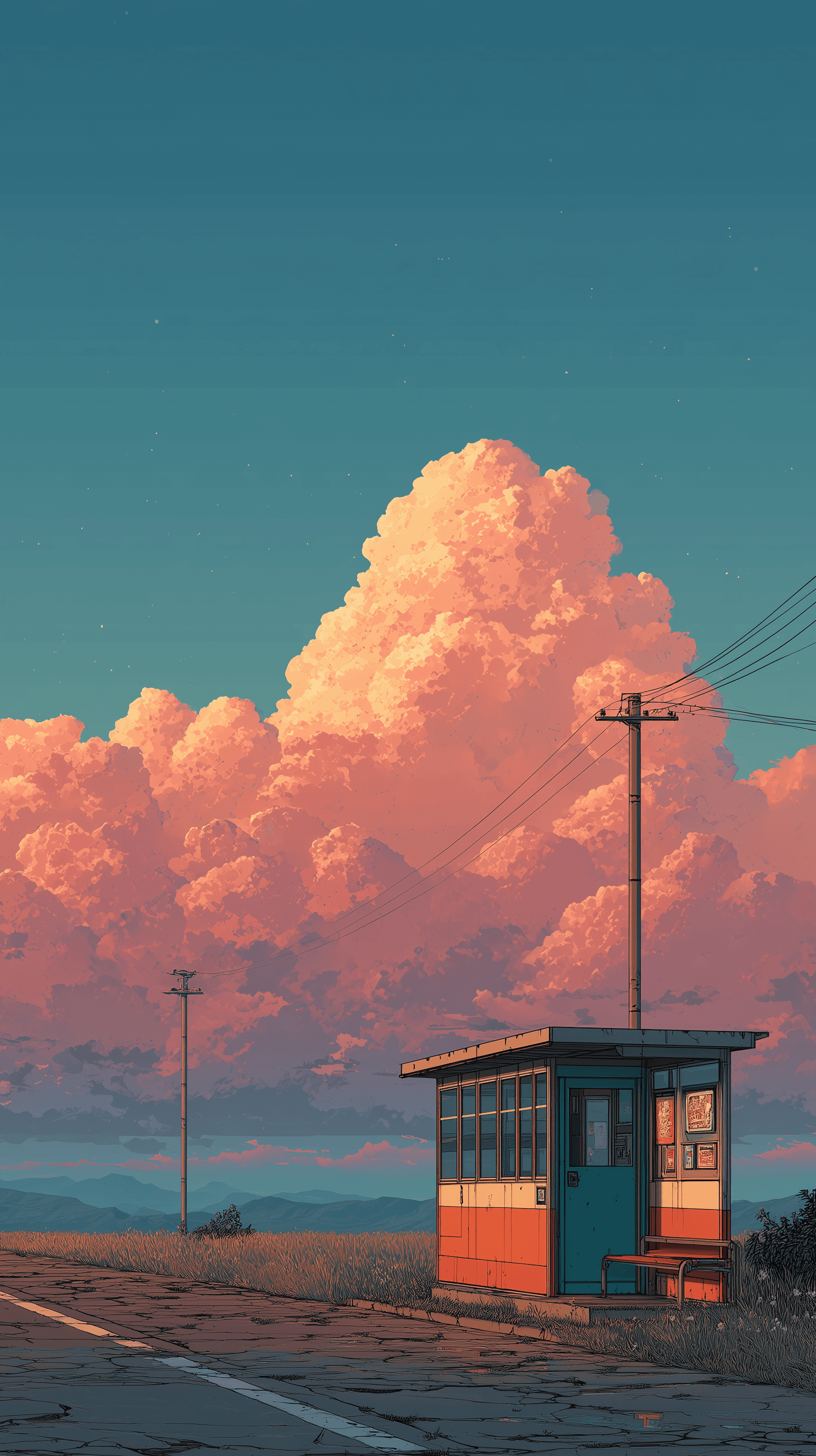 AI generated: illustration art, nostalgic, wide low-angle, small retro roadside busstop, warm orange and teal colo...