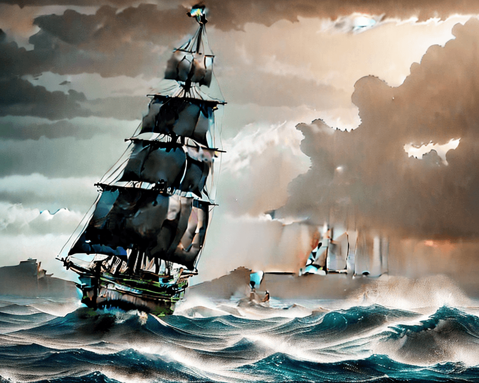 AI generated: Splash Art Photo of a ultra realistic sailing ship, dramatic light, pale sunrise, cinematic lighting...