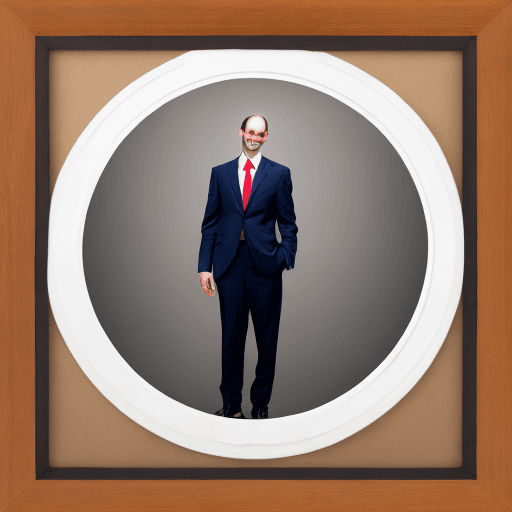 AI generated: High resolution photography.  Young, thin, balding lawyer, wearing a suit and tie, smiling. His crot...