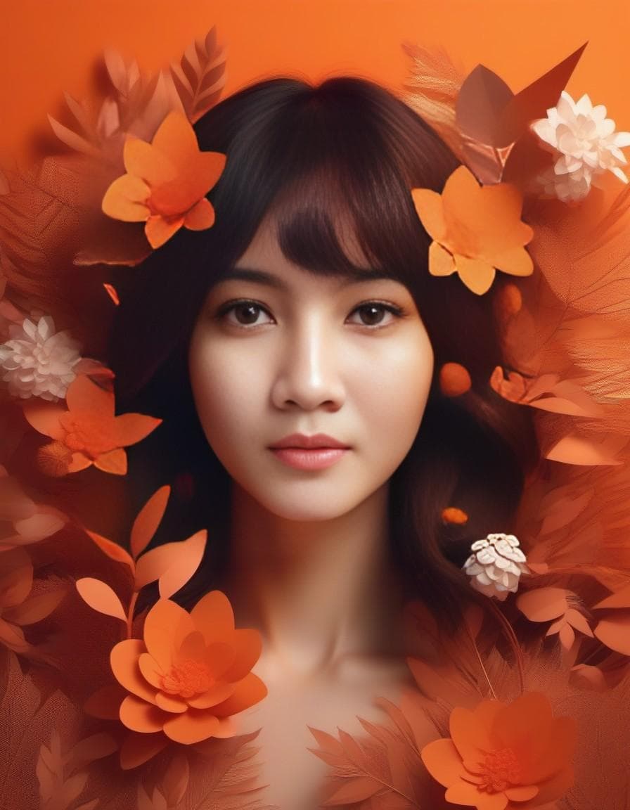 AI generated: abstract 3D shape, foliage and flowers incorporated, light emitting, orange background
