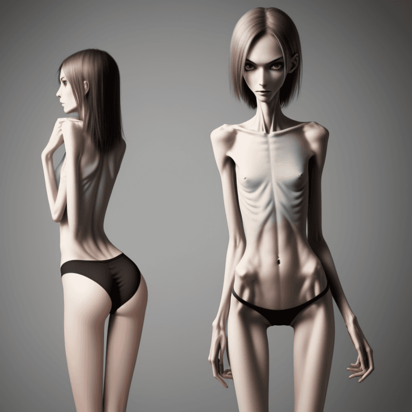 AI generated: extreme beautiful skinny slender (almost anorexic)  girl with skinny slender thighs narrow, 