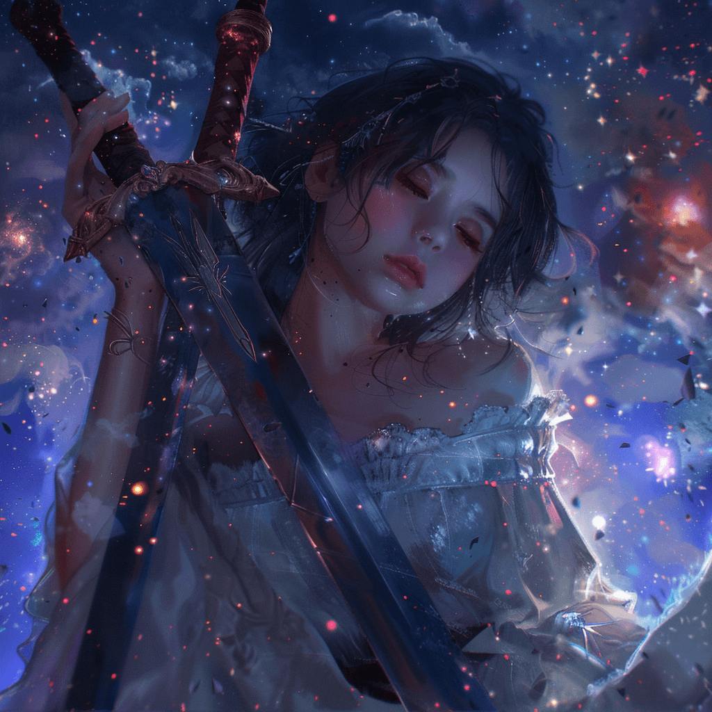 AI generated: 
a girl in space, sword in hand, after many battles, eyes tired, looking somewhere, surrealistic, c...