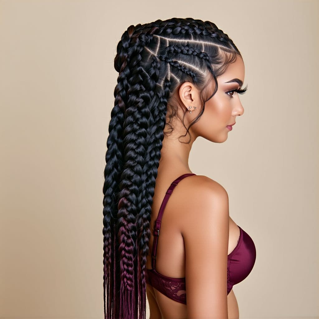 AI generated: cabelo cor de vinho, pele morena, lingerie rendada intrincada, rosto deslumbrante e detalhado, linda...