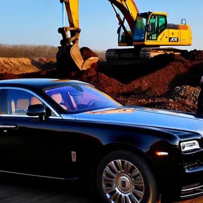AI generated video: A luxurious black Rolls-Royce parked on a construction site, with a large yellow excavator (JCB) ope...