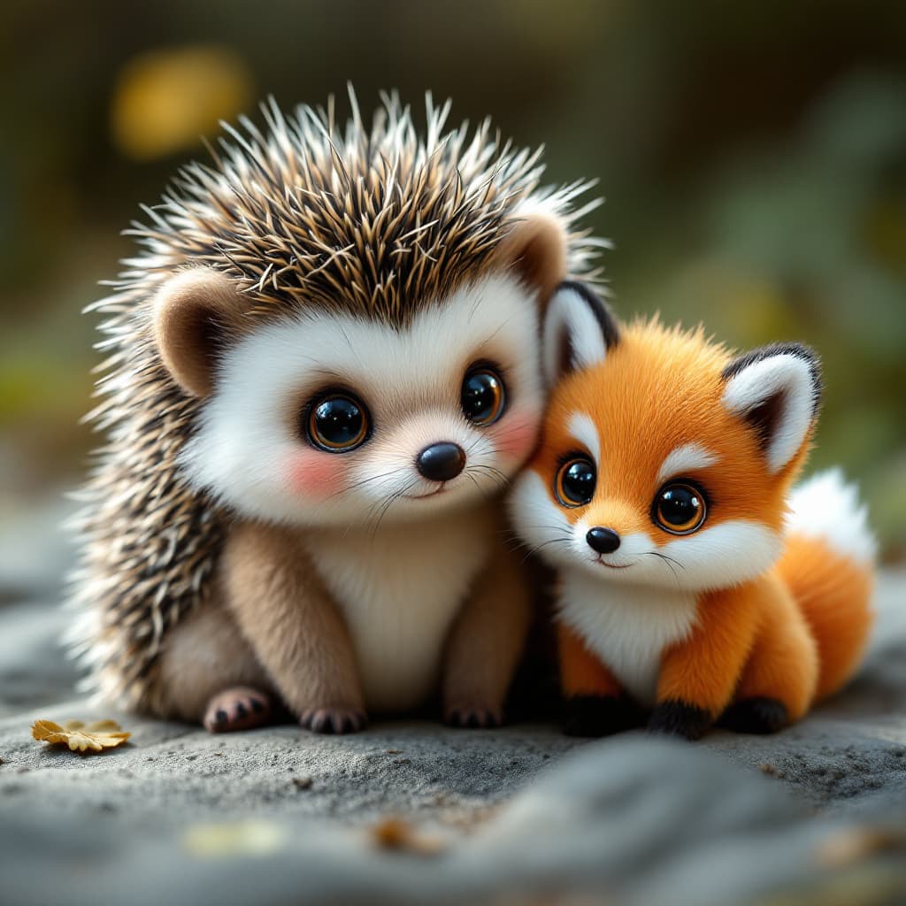 AI generated: 3 photorealistic 2 cute baby hedgehog plush brother and sister and 1 cute little fox with big eyes, ...