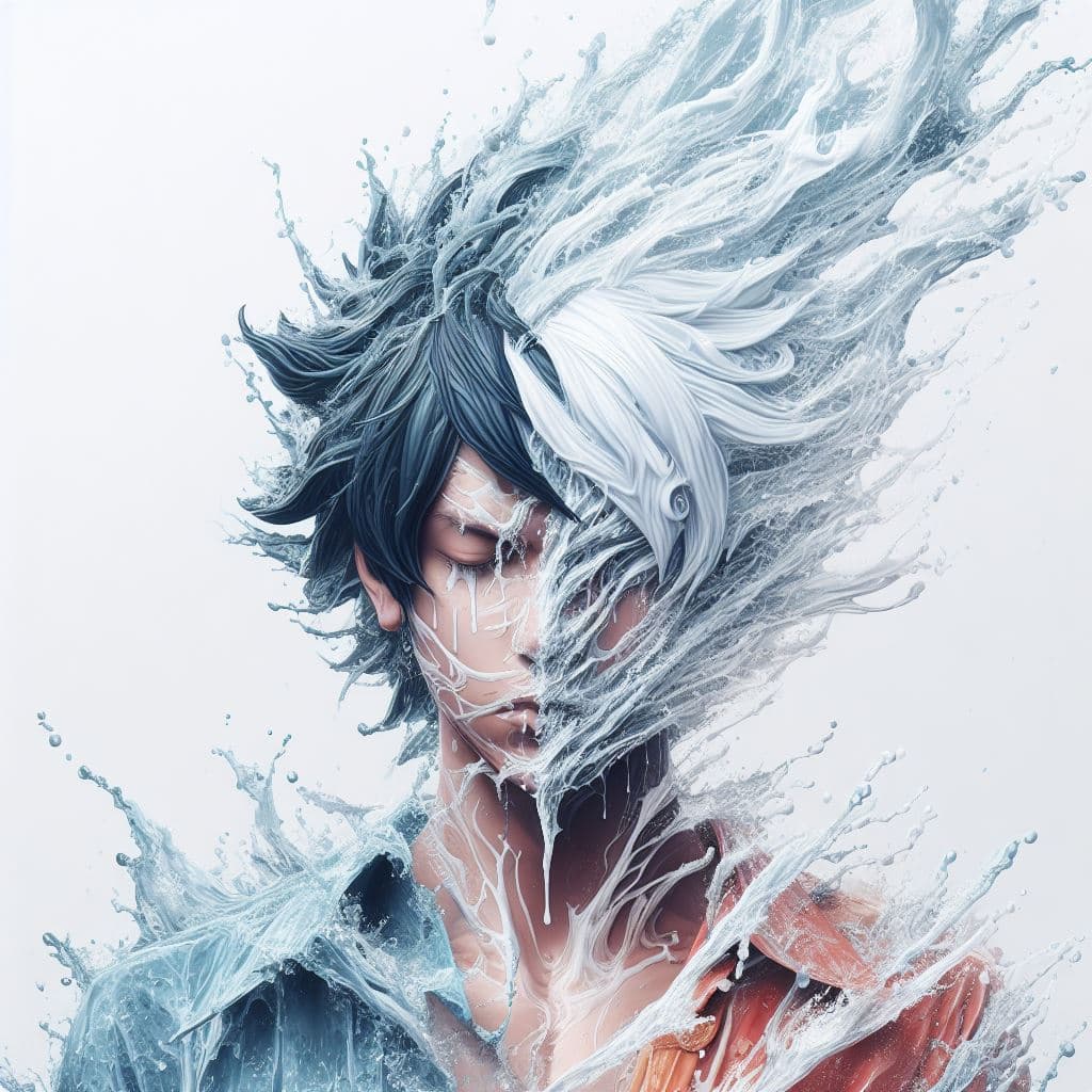 AI generated: A half body portrait of a Luffy made of water and ice, half body is submerged in ice, white hair dep...