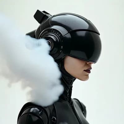 AI generated video: the woman bobbing her head to /4 music while waves of smoke go by.