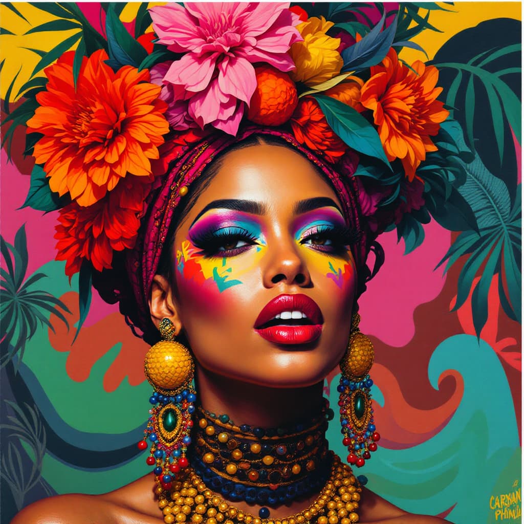 AI generated: create a portrait of Carmen Miranda with Brazilian Phonk Art is a creative fusion that blends the ae...