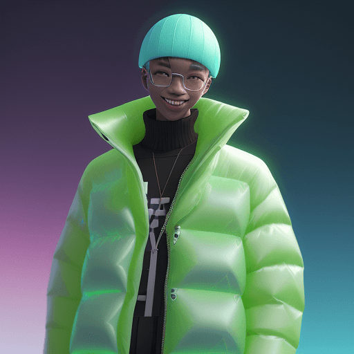 AI generated: a young smiling man  wear a glasss 
wearing a poncho oversized puffer jacket, inspired by OffWhite,...