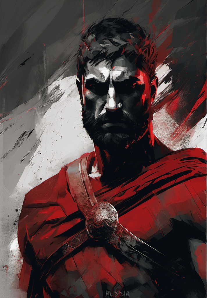 AI generated: portrait of a legendary warrior of ancient greece, calm, majestic, in the style of dark red and dark...
