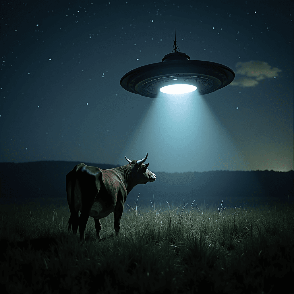 AI generated: cctv footage of  a ufo stealing a cow in a field, stars and universe in the background