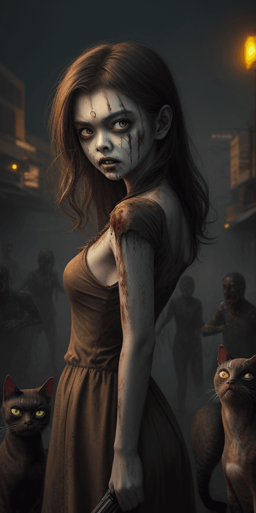 AI generated: masterpiece, best quality, 100zombies, girl zombie attack cat focus, looking at viewer,  Bangkok cit...