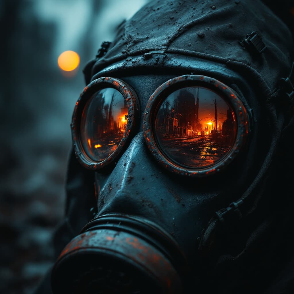AI generated: A close-up shot of a Chernobyl liquidator's gas mask, filling the frame with gritty, realistic detai...