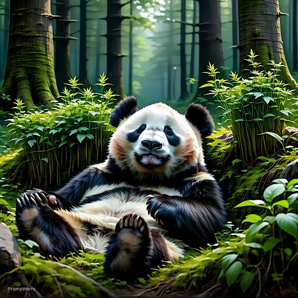 AI generated: beautiful aesthetic digital illustration of a relaxed panda surrounded by an endless forest of weed ...