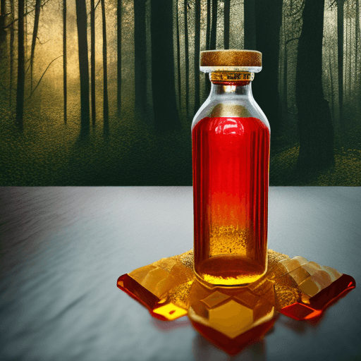 AI generated: Close up of hyper-realistic glass bottle with polygonal shapes and dense, reddish honey inside. The ...