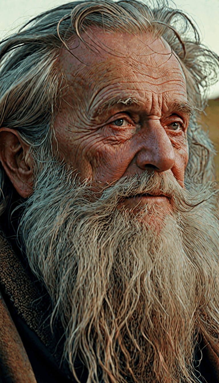 AI generated: A close up picture of a s very old man with long hair and a beard, in the style of  Johannes Sveinss...