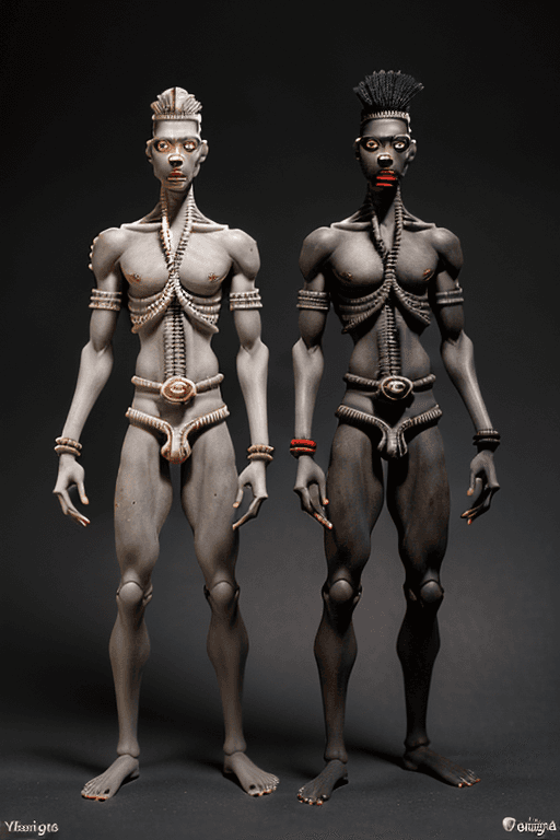 AI generated: Two male voodoo effigies, dark complexion, waist body length, voodoo symbols, sea shells and nails c...