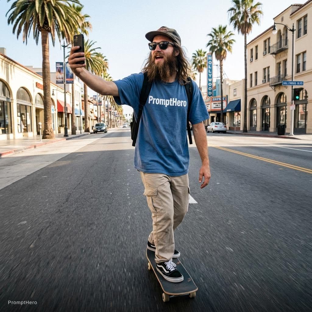 AI generated: realistic selfie shot of a longbearded young thin man wearing a blue oversiced tshirt with the text ...