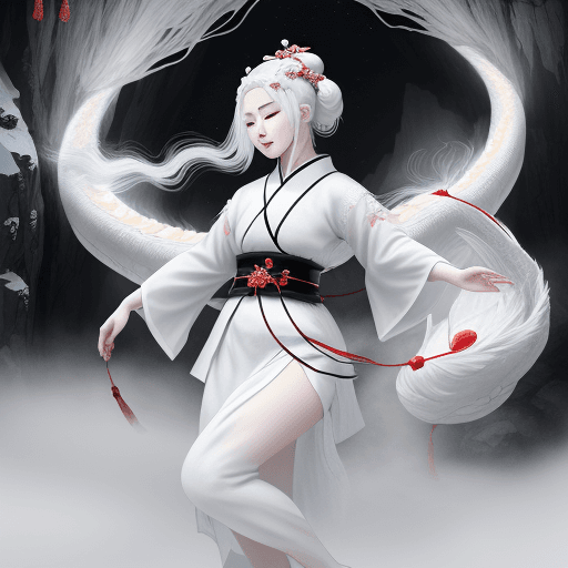 AI generated: a Chinese girl with white hair living in a cave, a celestial being, wears white skirt, has a headban...