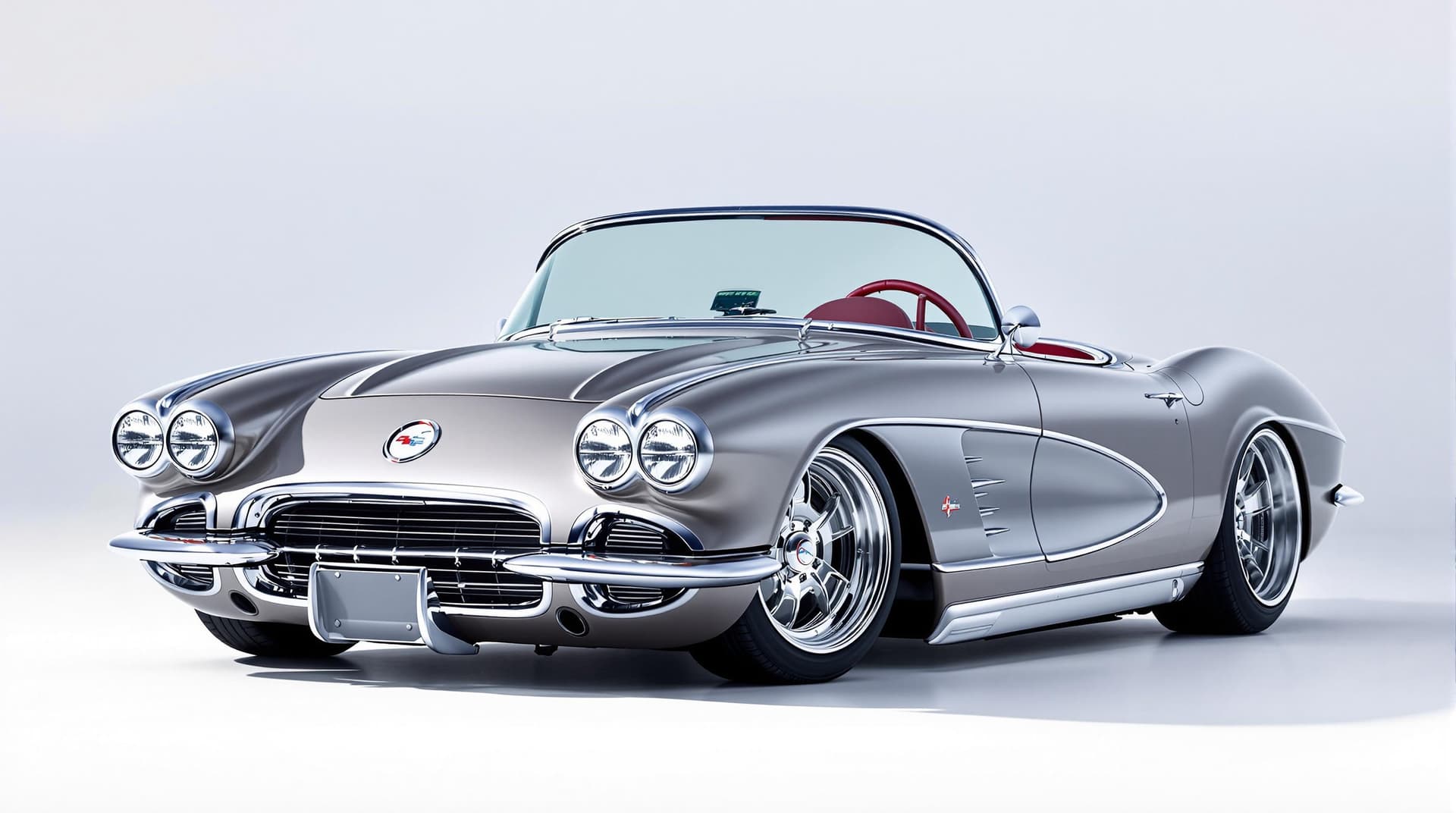 AI generated: Hyper realistic 1959 chevy corvette convertible, front side top view, gray color, restomod with 20" ...