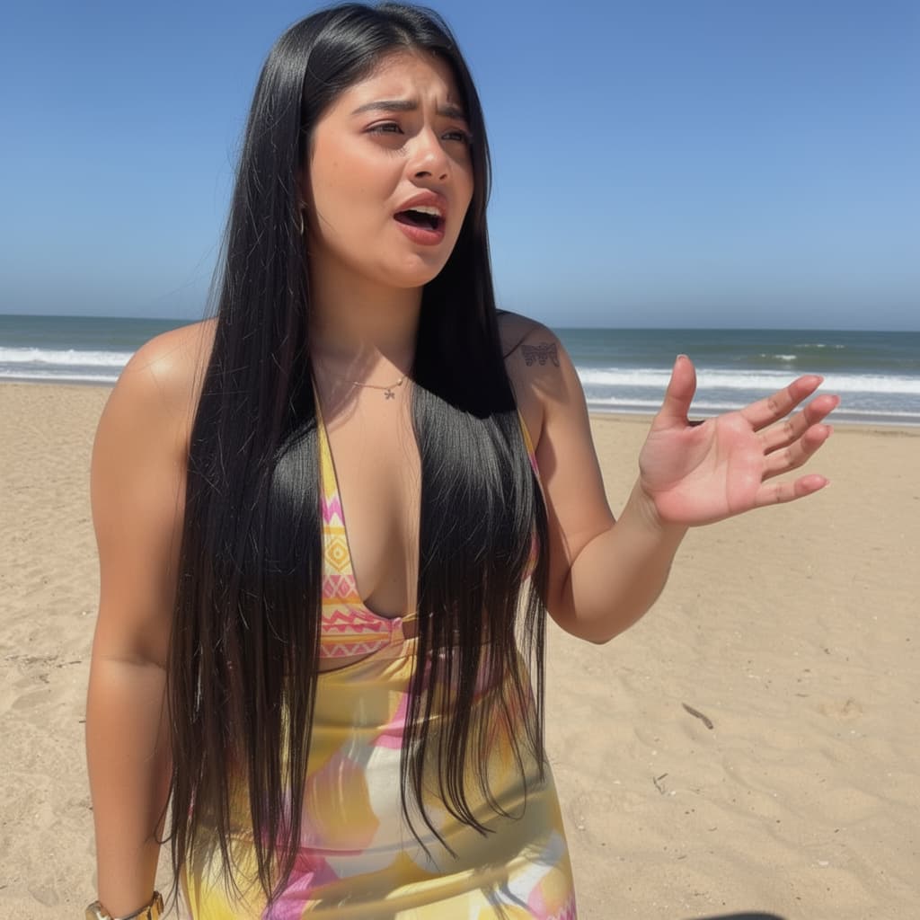 AI generated: Mulher falante de biquíni na praia 