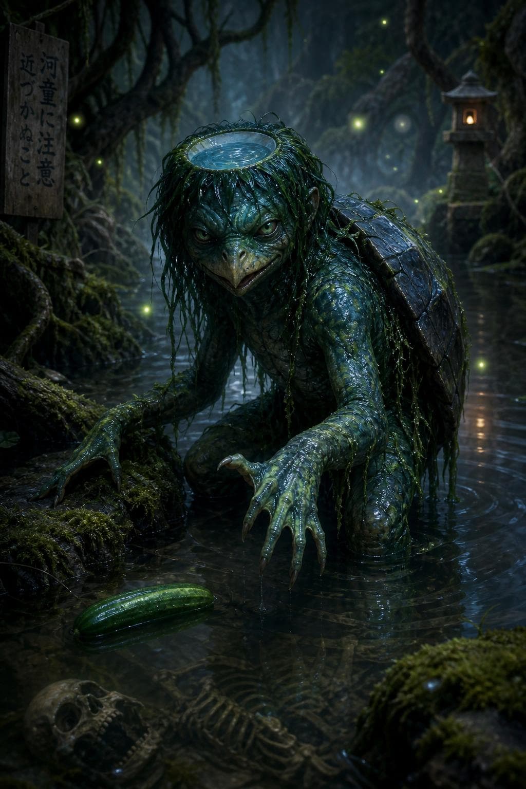 AI generated: mysterious and eerie yokai from Japanese folklore — the Kappa, a water-dwelling spirit inhabiting ri...