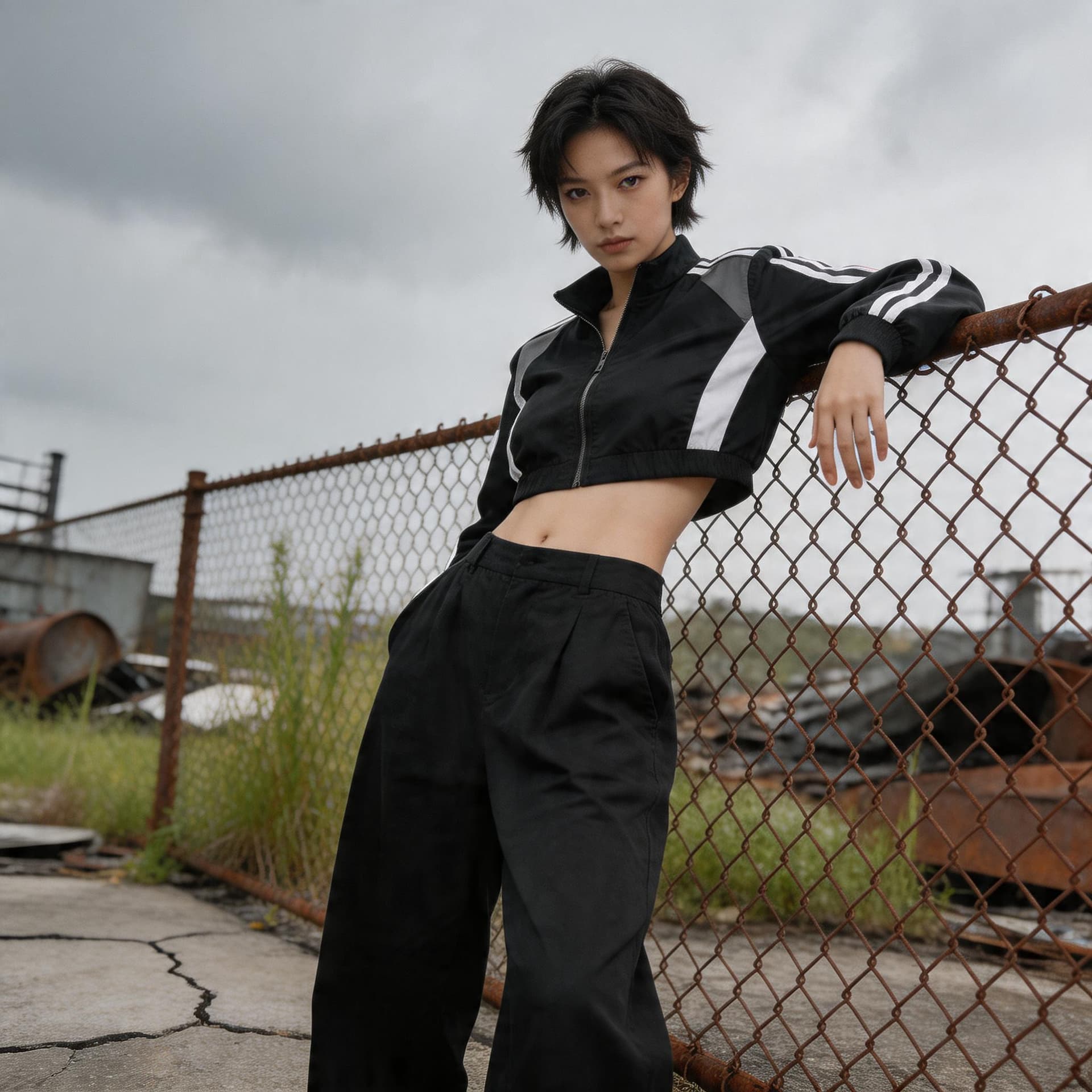 AI generated: Fashion photo of a Female model with boyish silhouette wearing cropped racing jacket and wide-leg pa...