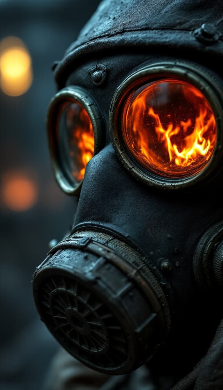 AI generated: A close-up shot of a Chernobyl liquidator's gas mask, filling the frame with gritty, realistic detai...