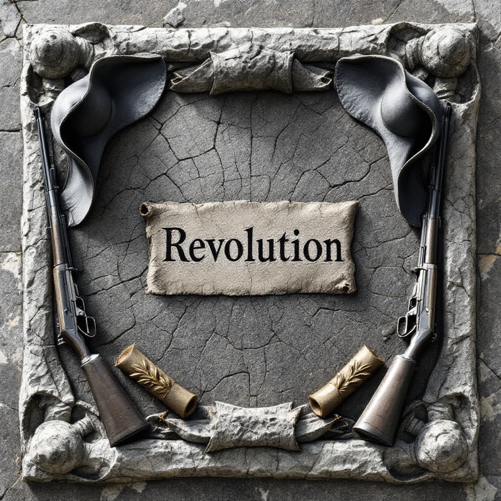 AI generated: 	"Revolution" carved in cracked granite, surrounded by muskets, tricorn hats, and rebel scrolls