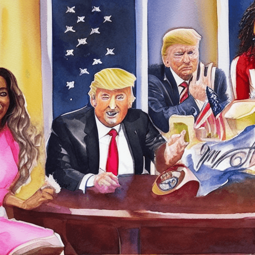 AI generated: 
watercolor painting of Lionel Messi, Donald trump, Elon Musk and Oprah Winfrey sitting in luxurious...