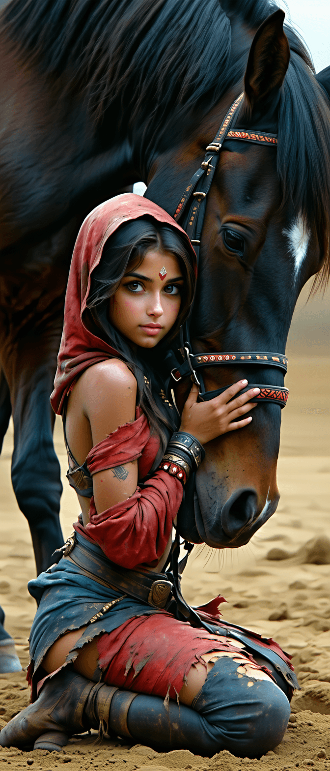 AI generated: A beautiful cute indian girl hugging a horse thats on top while she is crawling on floor being hugge...