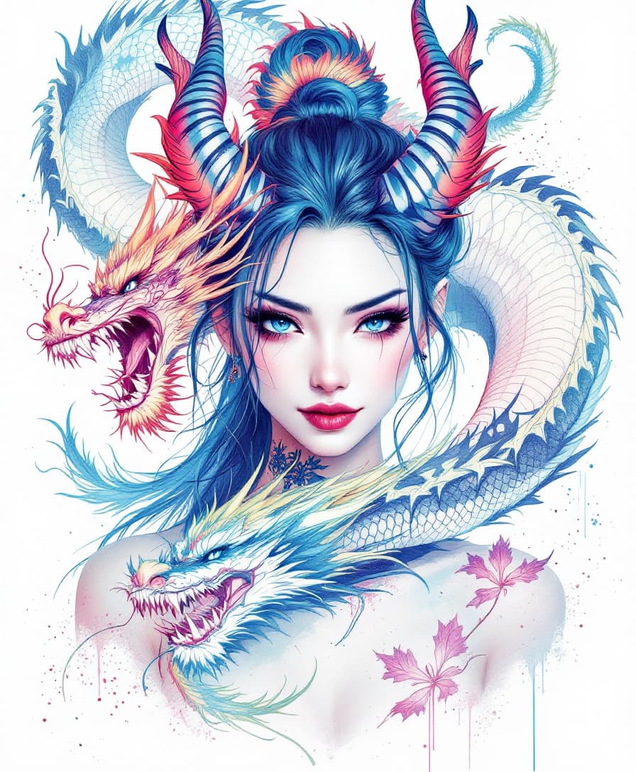 AI generated: A beautiful Japanese girl with dragon horns on her head, blue eyes and white skin, cynical smile, we...