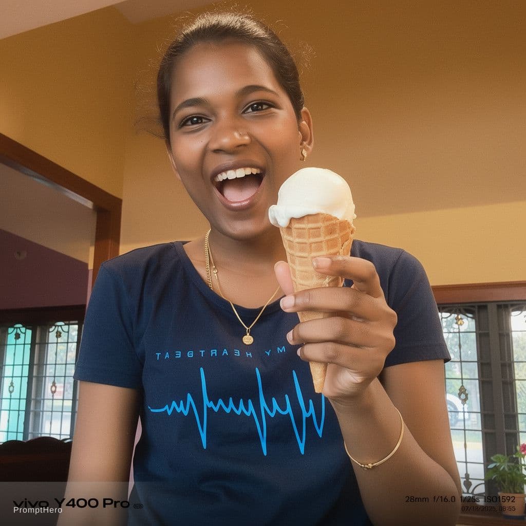 AI generated: Indian woman lick a ice cream with open mouth tongue with hot