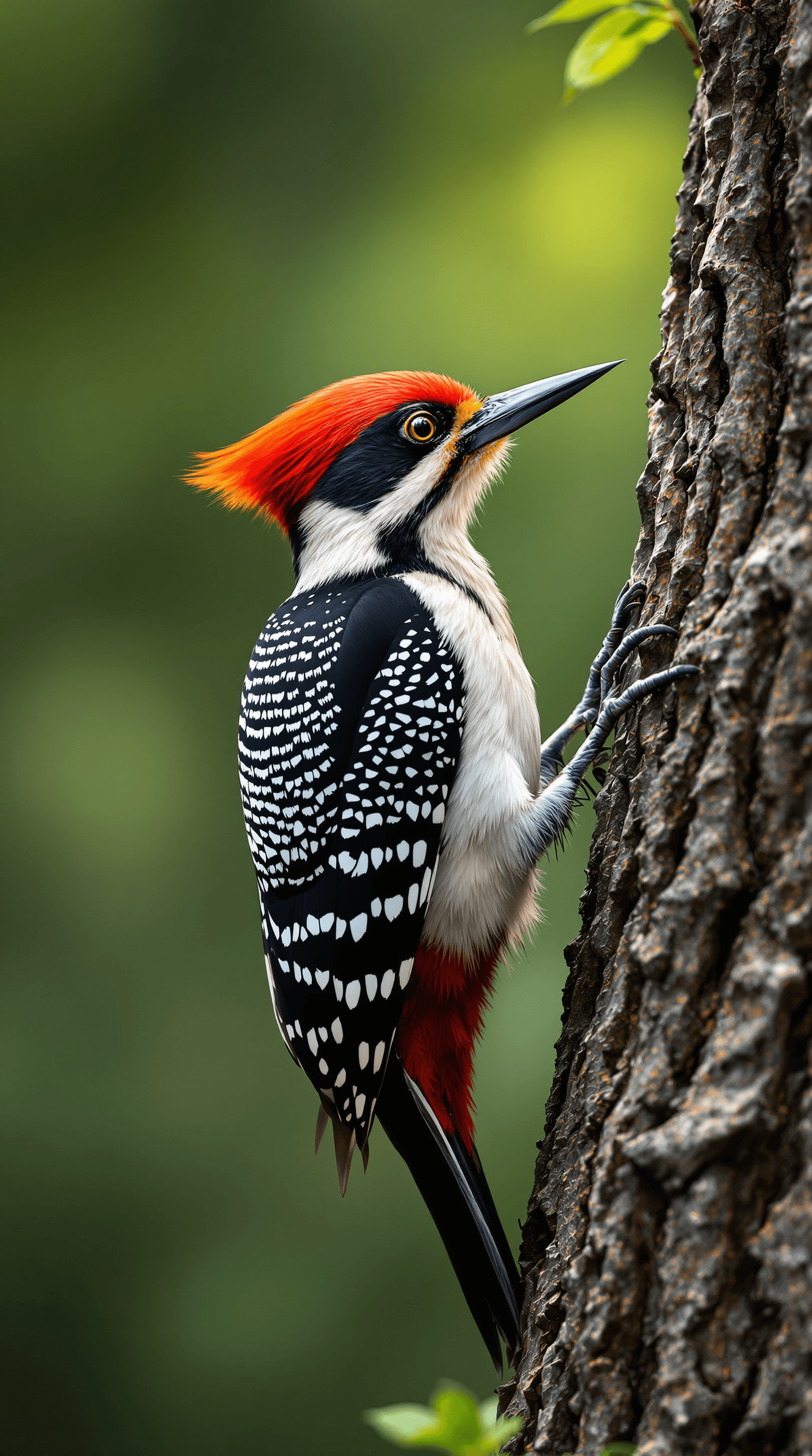 AI generated: A stunning, ultra-detailed close-up of a striking woodpecker clinging to the rough bark of a tree. T...