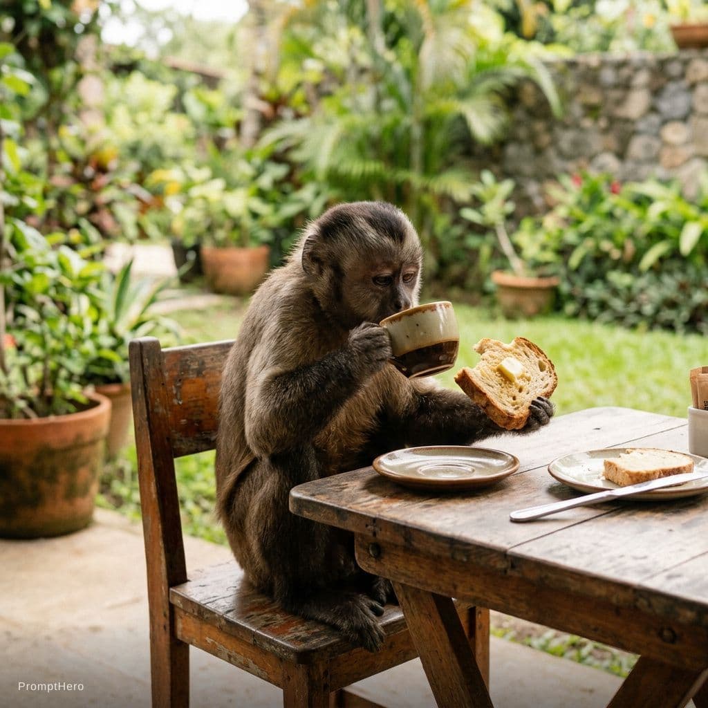 AI generated: A monkey drinks Coffee with bread
