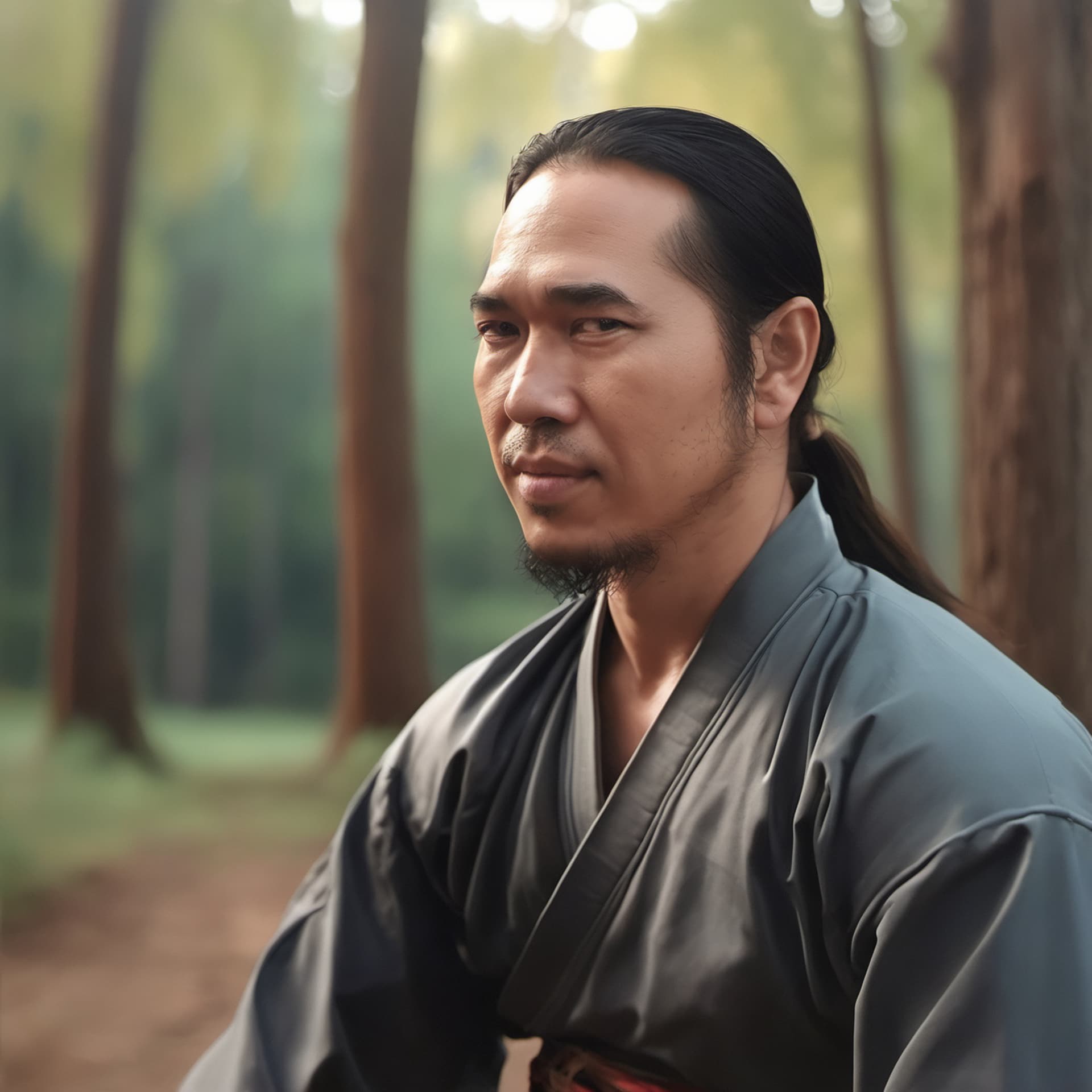 AI generated: A lifelike man practicing martial arts in a beautiful outdoor forest scene, close-up, (eyes closed),...