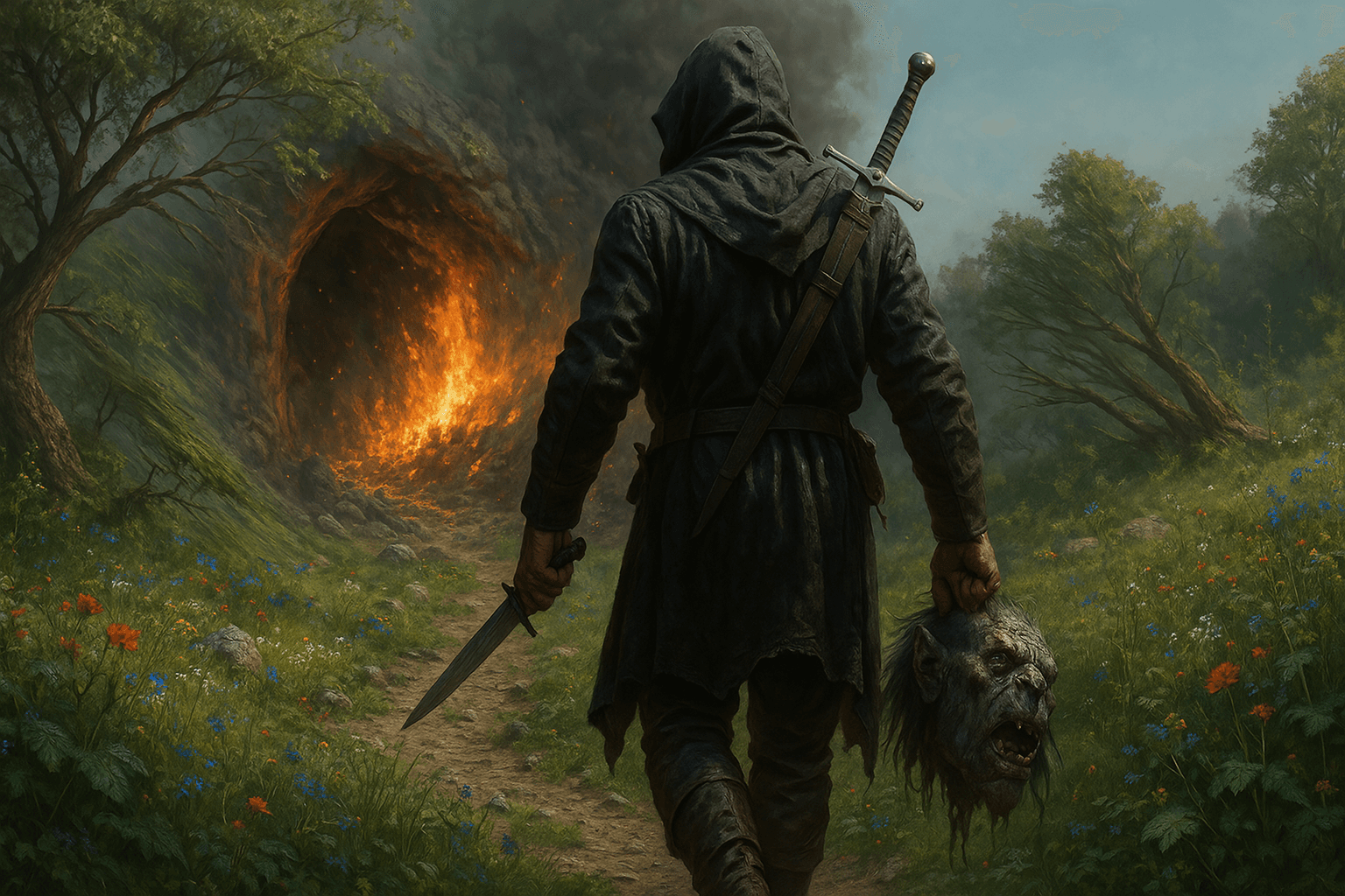 AI generated: "A highly detailed, hyper-realistic painting depicting a medieval fantasy adventurer in the foregrou...