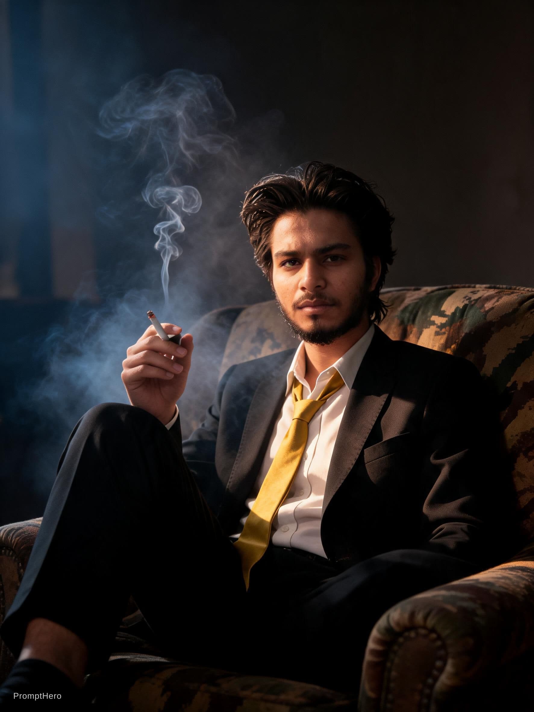 AI generated: photography, cover shoot, dimly lit room with a hazy atmosphere, capturing a professional male model...