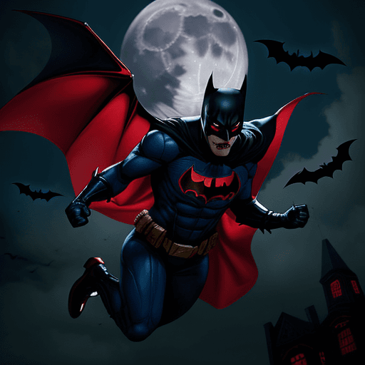 AI generated: a vampire in a red and blue superhero suit with a batman mask flying towards the screen with a moon ...