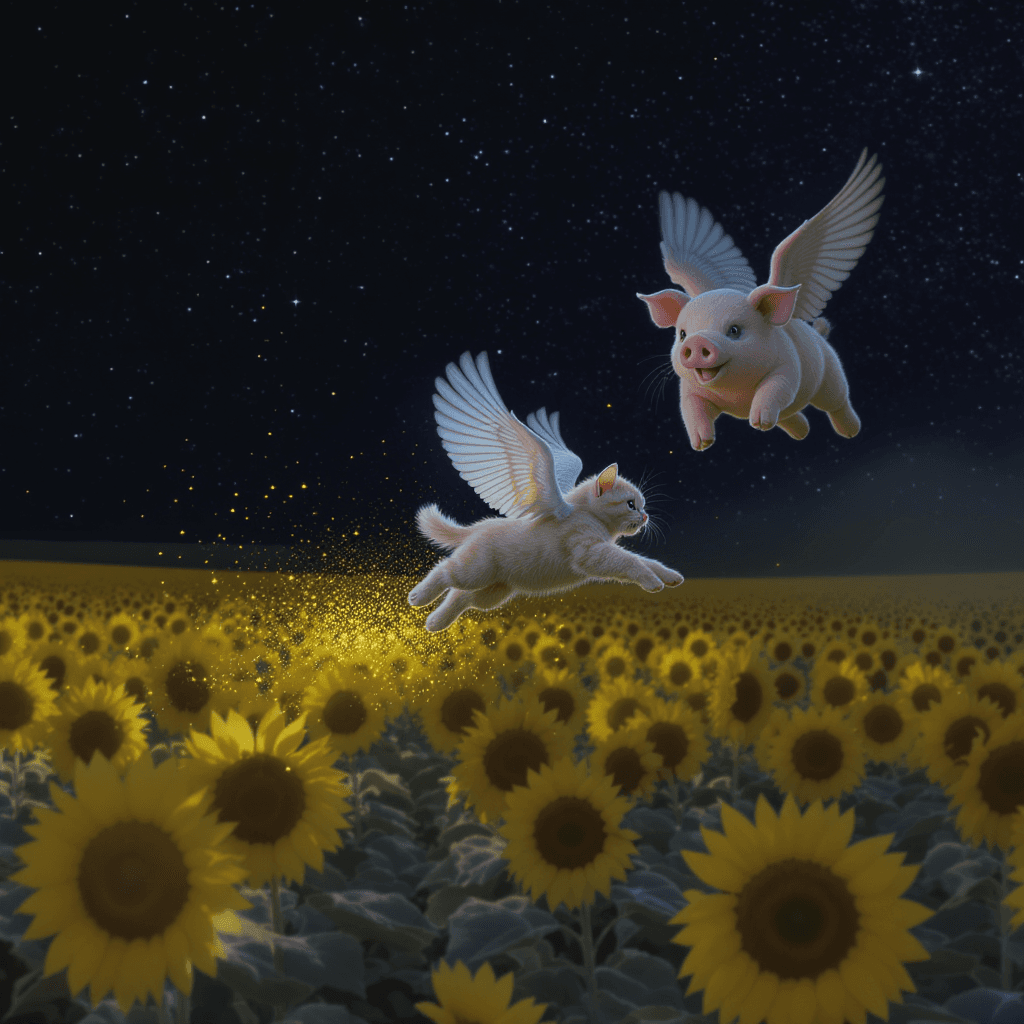 AI generated: winged kitten being chased by a flying pig over a sunflower field at night with stars