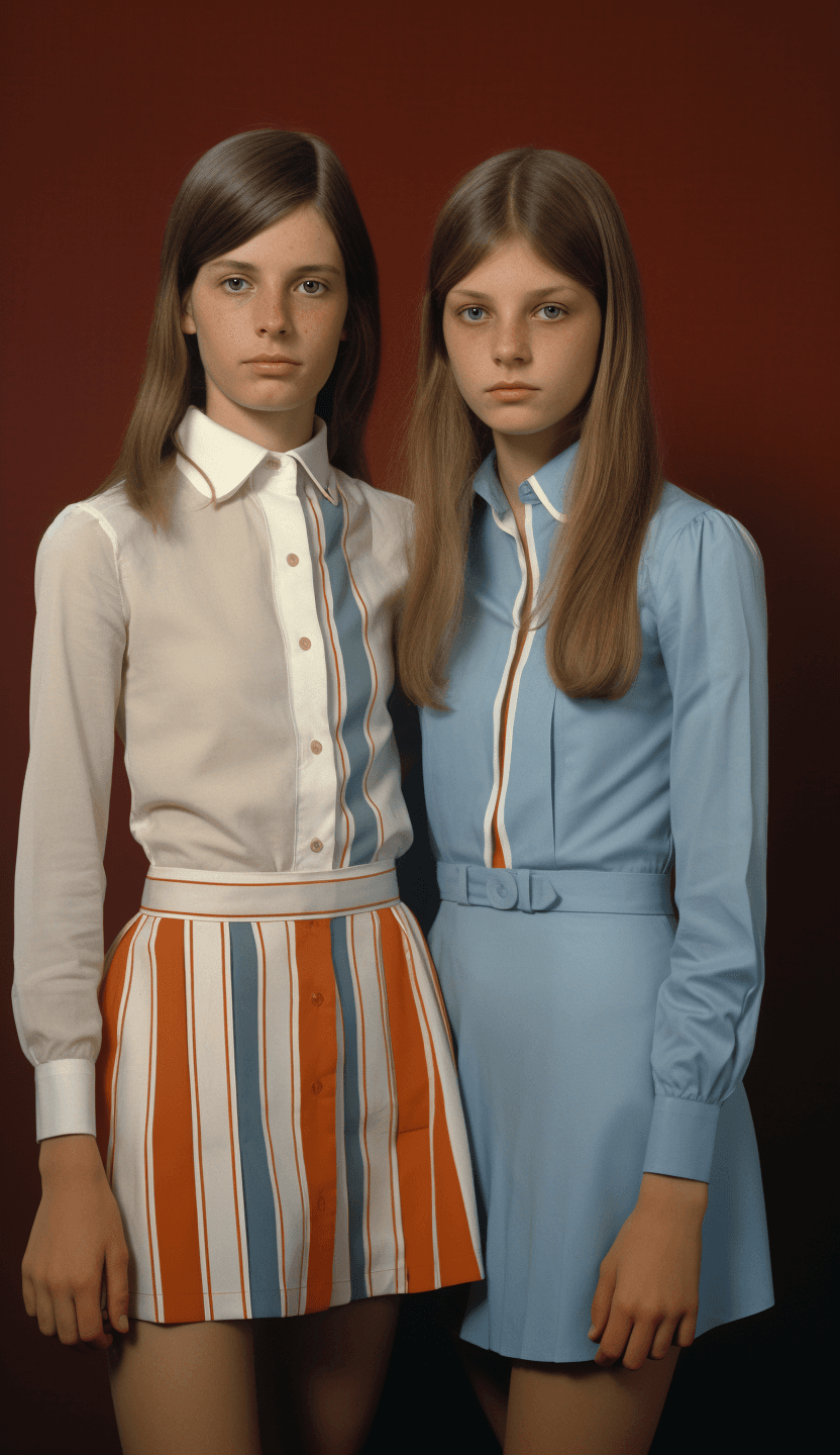 AI generated: two girls together, one wearing a dress and the other wearing a shirt and skirt, in the style of 197...