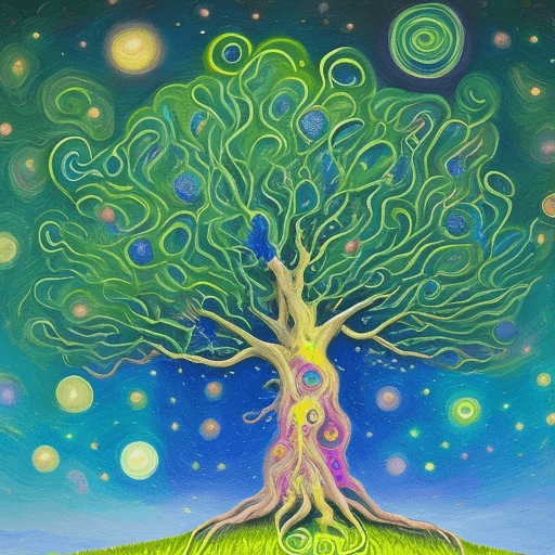 AI generated: bright painting of a tree with stars in the sky, in the style of dreamlike fantasy creatures, multil...