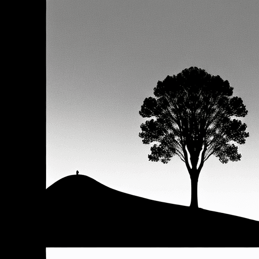 AI generated: One hill with no tree. Two other hills with trees. Silhouette style.
