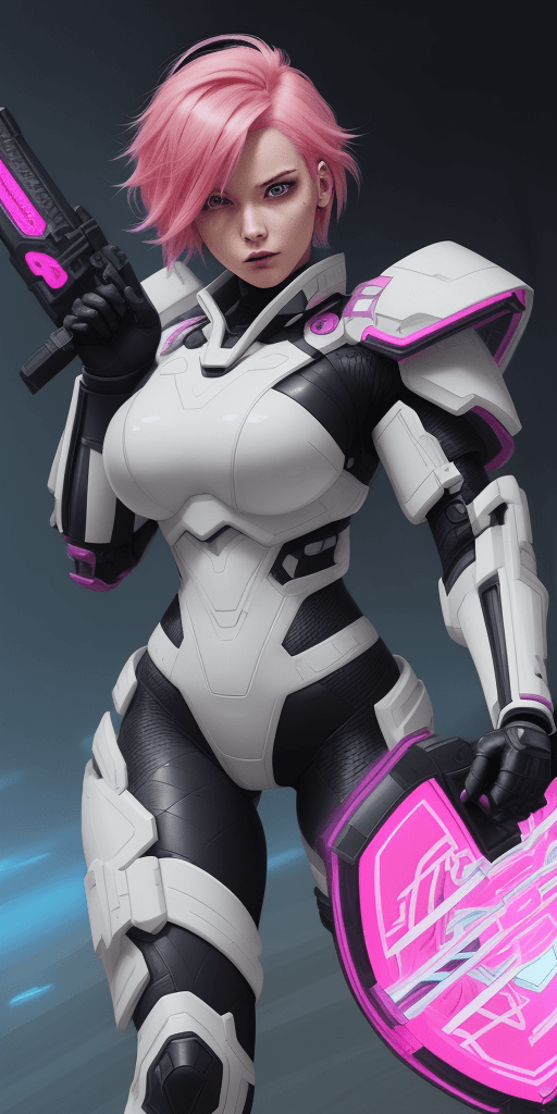 AI generated: Vibrant, action-packed digital illustration featuring a female character with bright pink hair style...