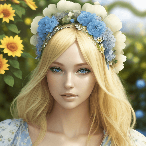 AI generated: Lady with floral headdress, blonde hair, blue eyes, seductive attire, garden, sunny day, realistic t...