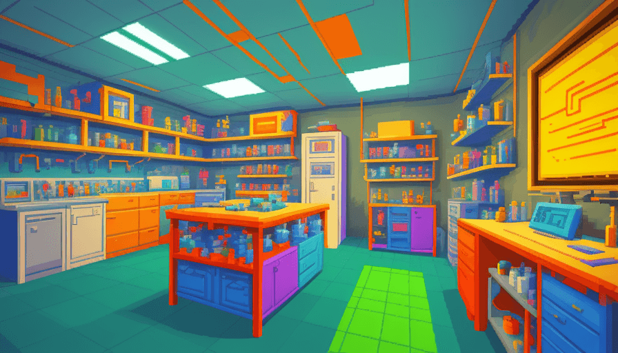 AI generated: nostalgic laboratory, vibrant colors, in pixelart style style, 4k, high definition