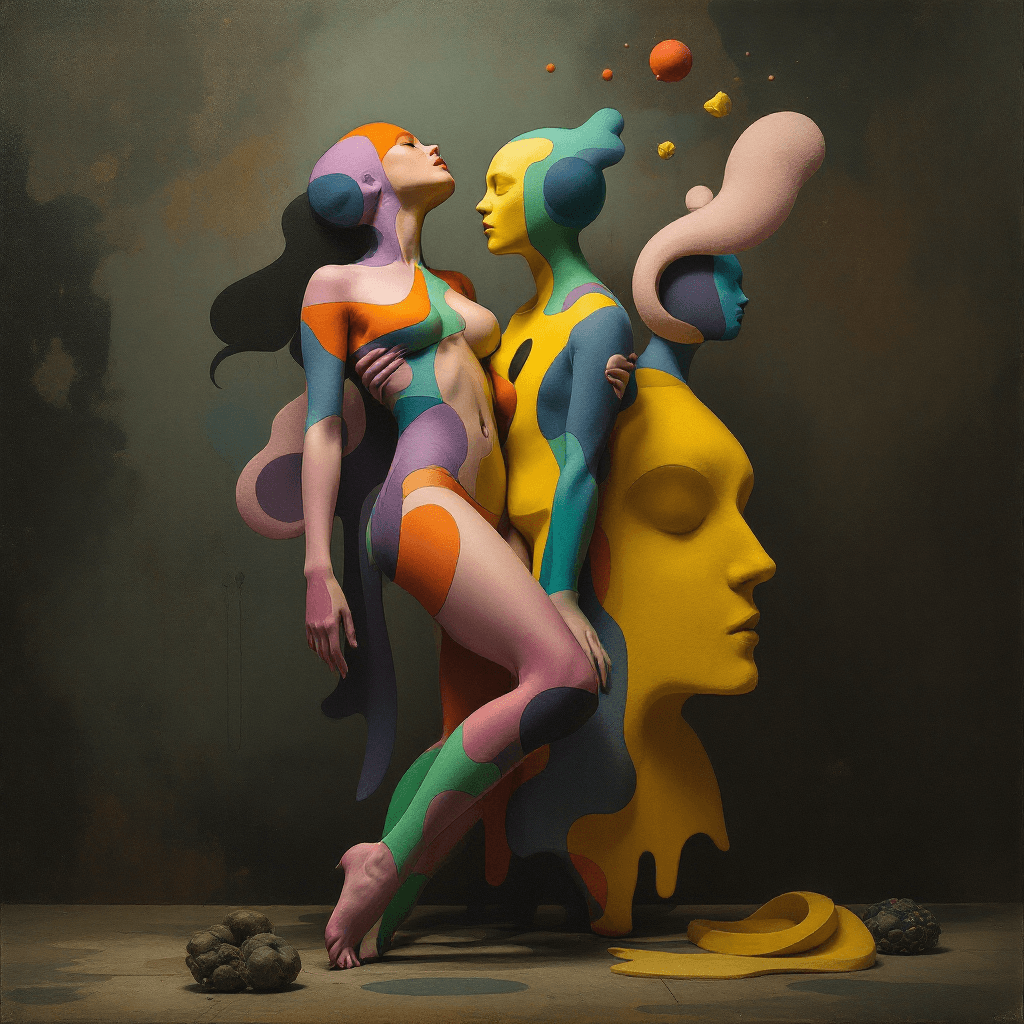 AI generated: Surreal scene, a woman's full body, her outfit made of abstract shapes, each representing a differen...