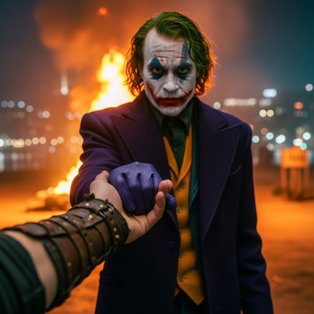 AI generated: He is wearing a dark purple coat, and his face is characteristic of the Joker, with painted makeup a...
